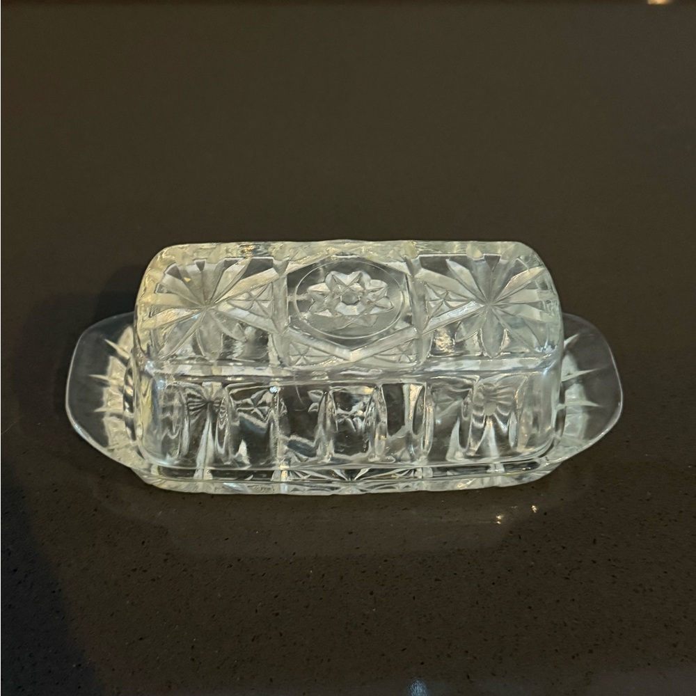 Vtg Anchor Hocking Butter Dish Pressed Cut Glass Covered Star‎ Of David Pattern